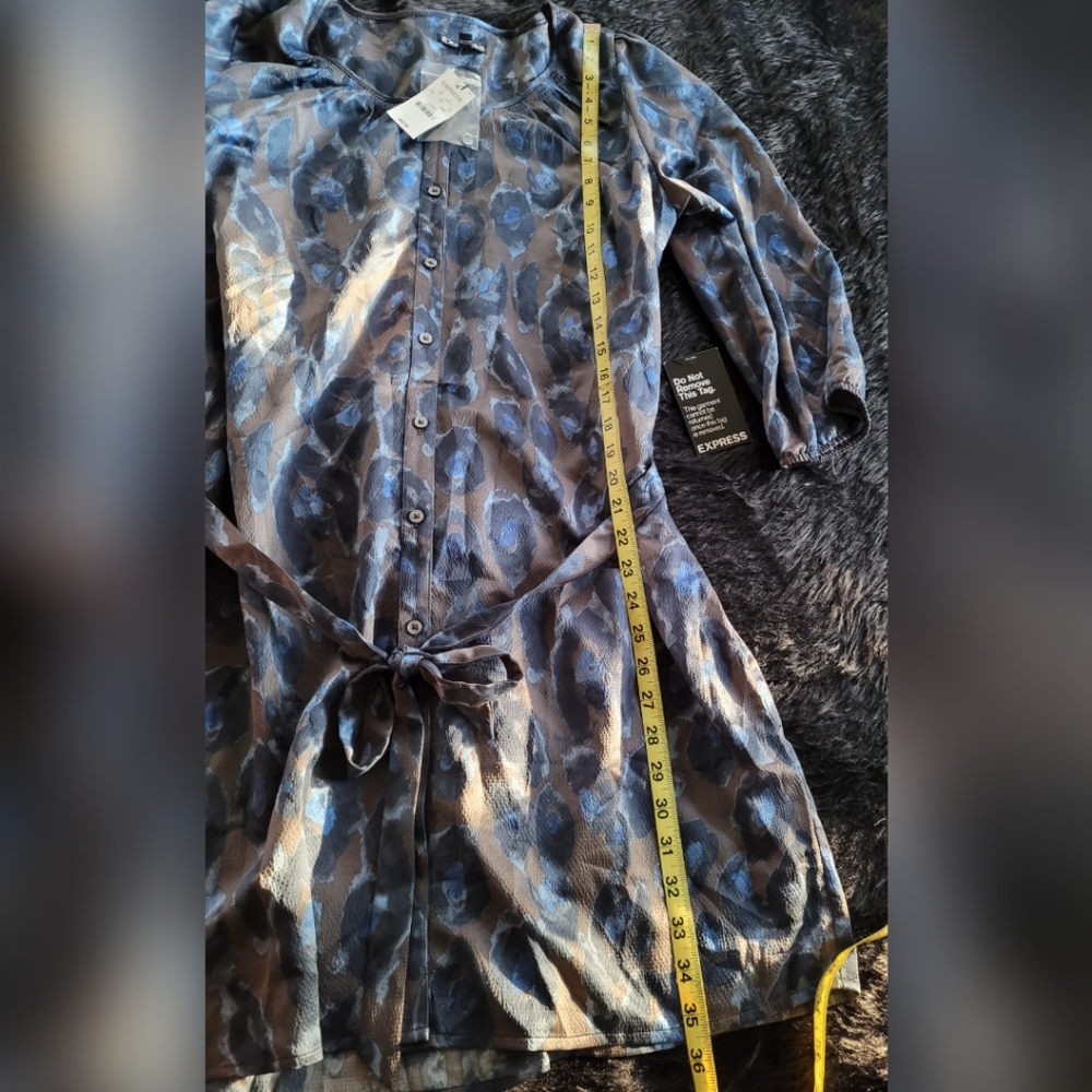 Express Blue Leopard Print Button Down Belted Dre… - image 5